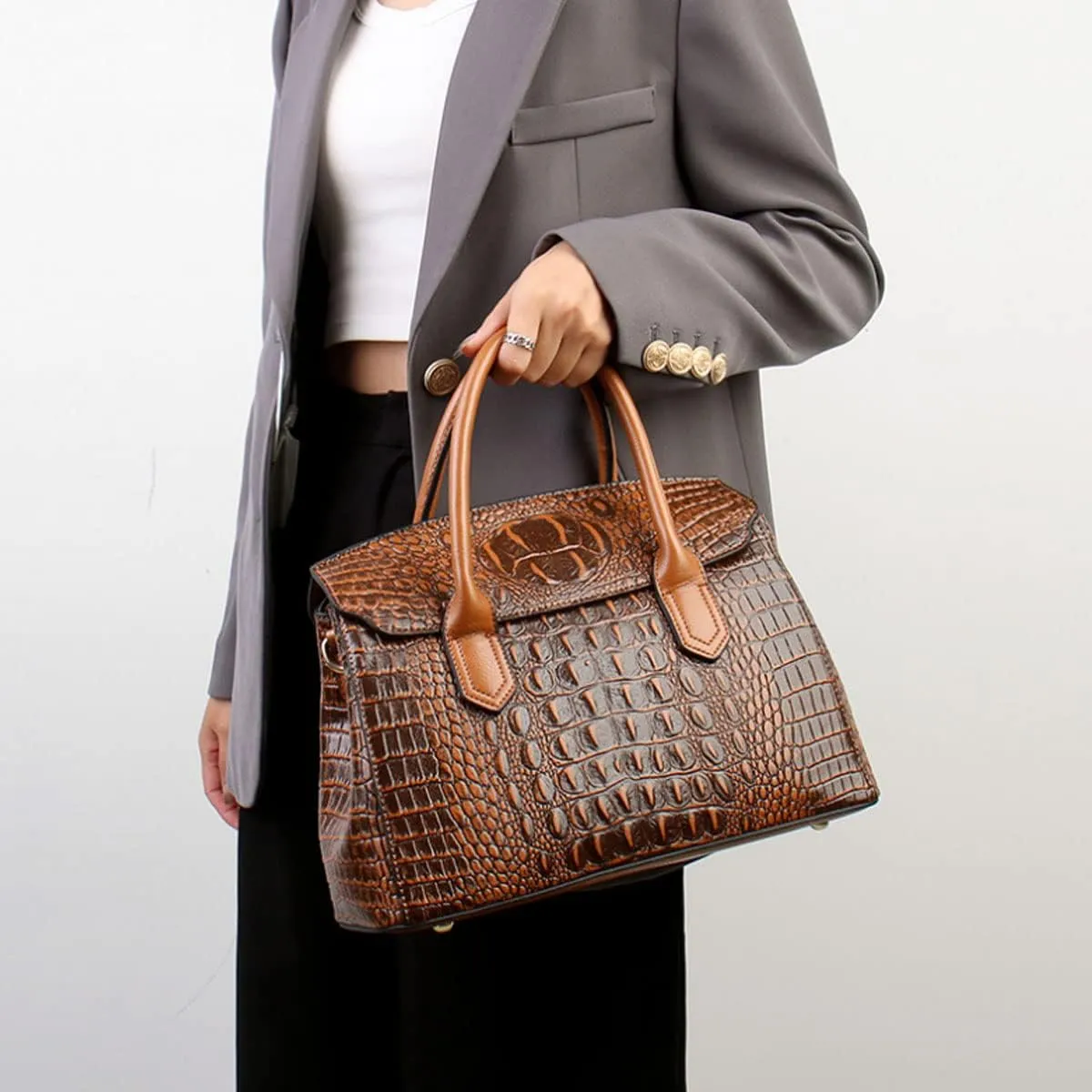 XXGJOALD-Handbags and Purses for Women Crocodile Pattern Shoulder Bag Leather Top-Handle Satchel Ladies Fashion Tote Blue