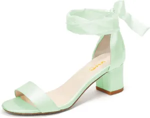 XYD Women Girls Open Toe Strappy Low Block Heel Sandal Pumps Ribbon Ankle Strap Lace Wedding Dress Evening Shoes