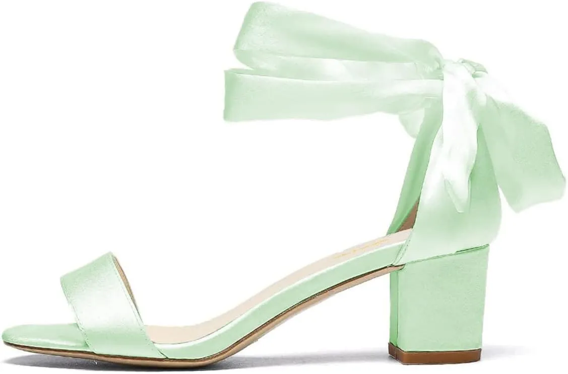 XYD Women Girls Open Toe Strappy Low Block Heel Sandal Pumps Ribbon Ankle Strap Lace Wedding Dress Evening Shoes