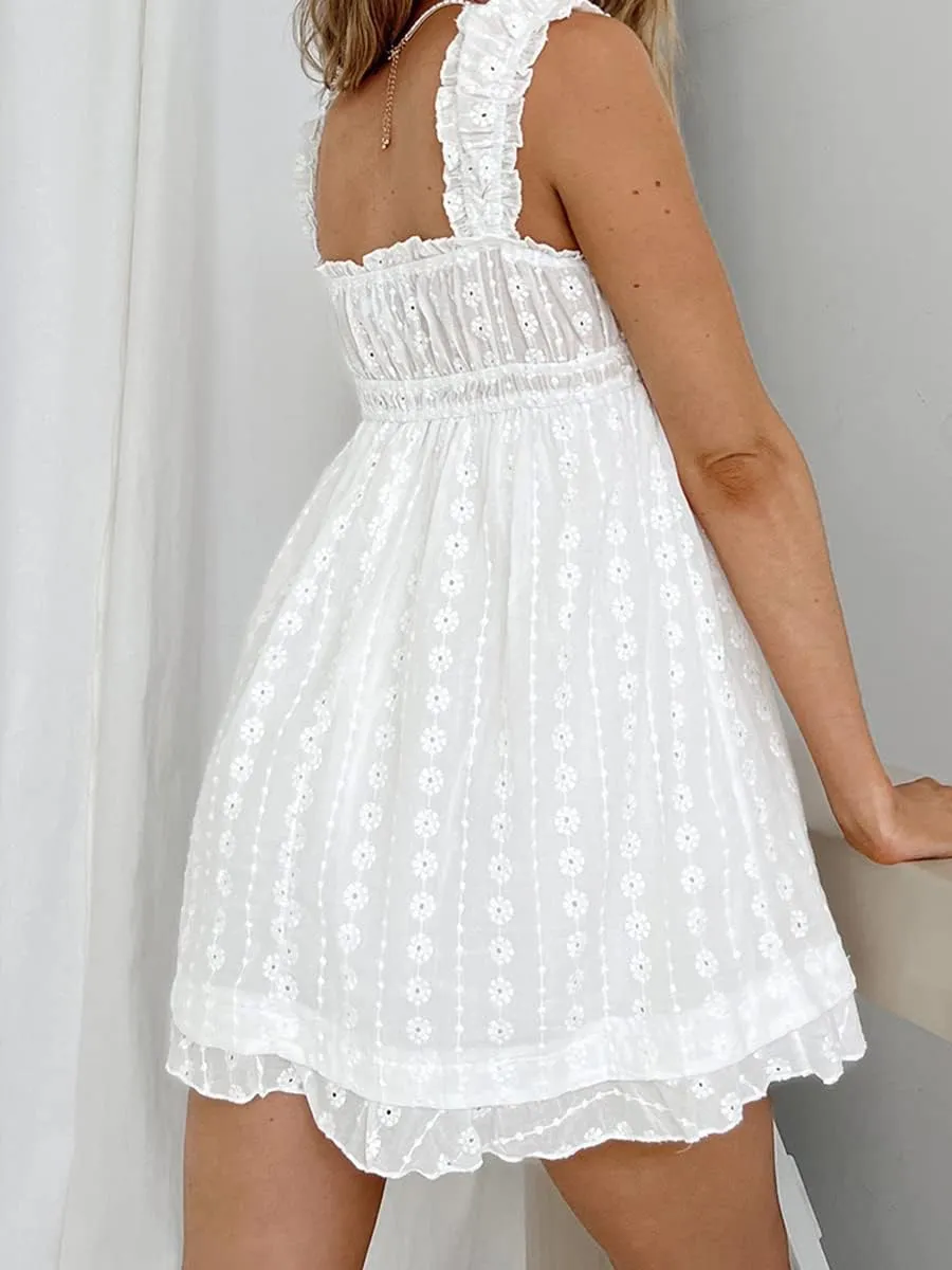 Y2k Floral Embroidery Graduation Mini Dress for Women Teen Girls Ruffle Hem Sleeveless Lace Short Party Dress