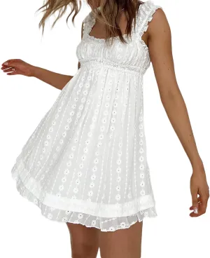 Y2k Floral Embroidery Graduation Mini Dress for Women Teen Girls Ruffle Hem Sleeveless Lace Short Party Dress