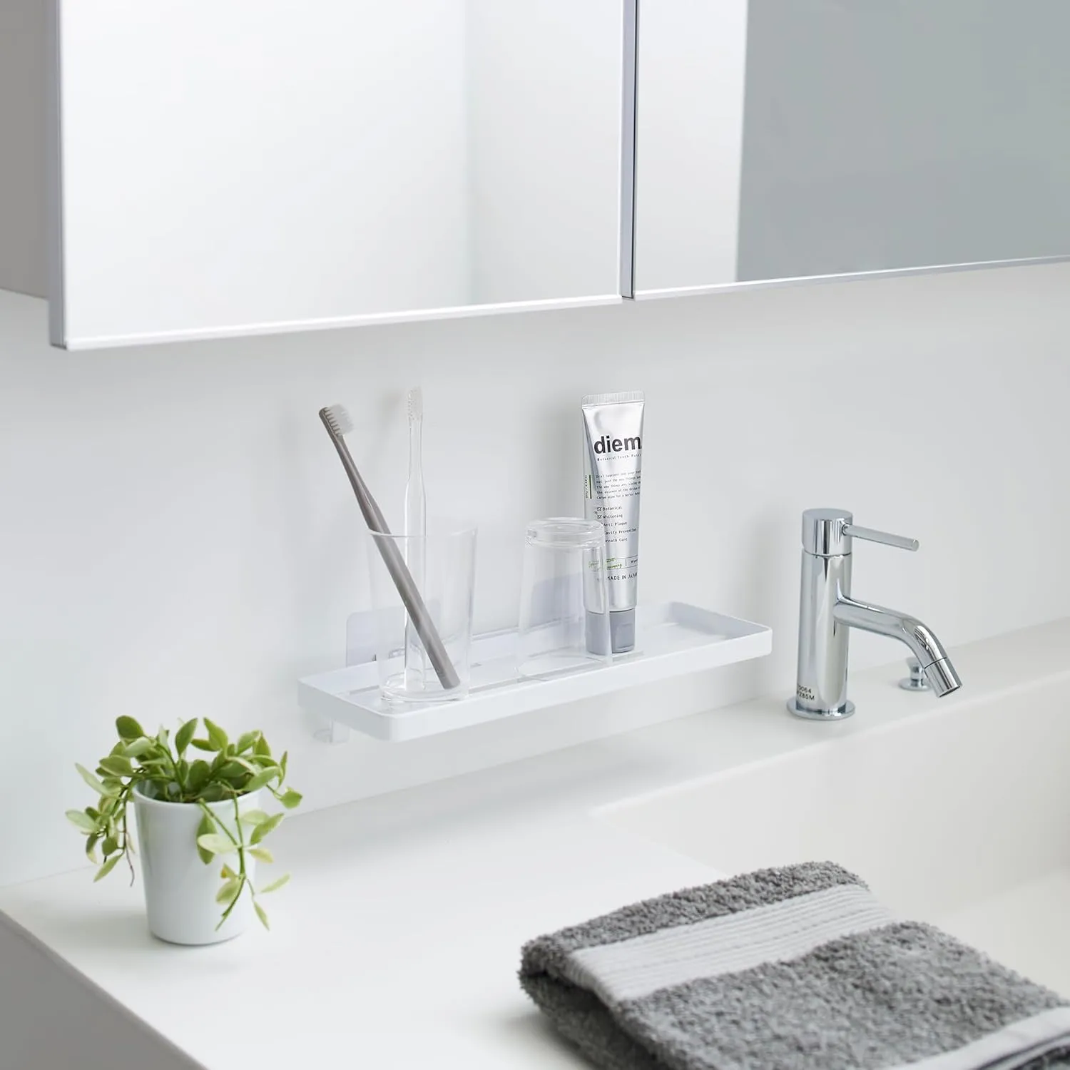 YAMAZAKI Home Tower Self-Adhesive Bathroom Sink Organizer Rack - Versatile Storage For Toothbrushes, Makeup, Hair Products - Easy Installation On Tile, Plastic, Metal - Space-Saving Tray - Steel