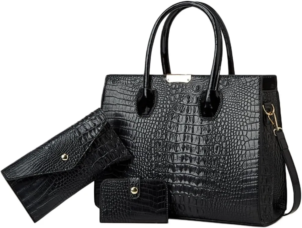 YAQUNICER Tote Top-handle Handbags Patent PU Leather Women Purse Satchel Crocodile Pattern Shoulder Crossbody Bag