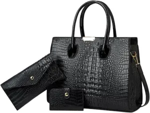 YAQUNICER Tote Top-handle Handbags Patent PU Leather Women Purse Satchel Crocodile Pattern Shoulder Crossbody Bag