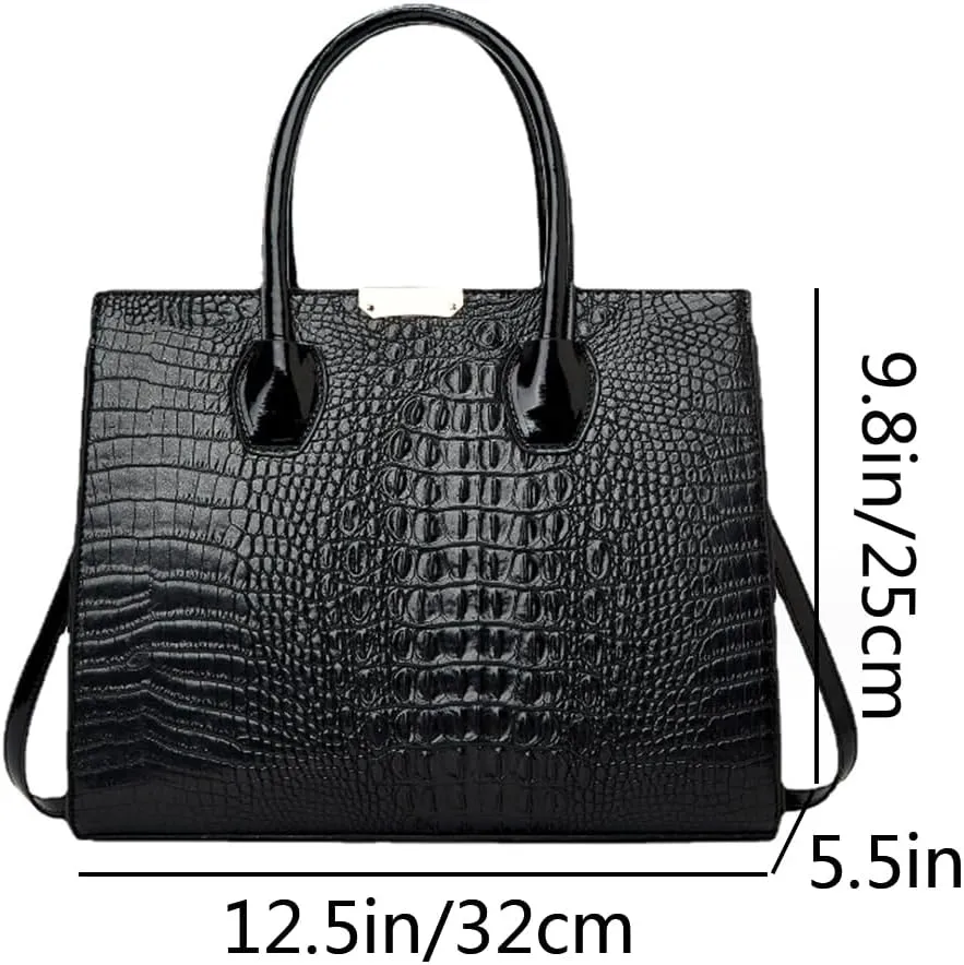 YAQUNICER Tote Top-handle Handbags Patent PU Leather Women Purse Satchel Crocodile Pattern Shoulder Crossbody Bag