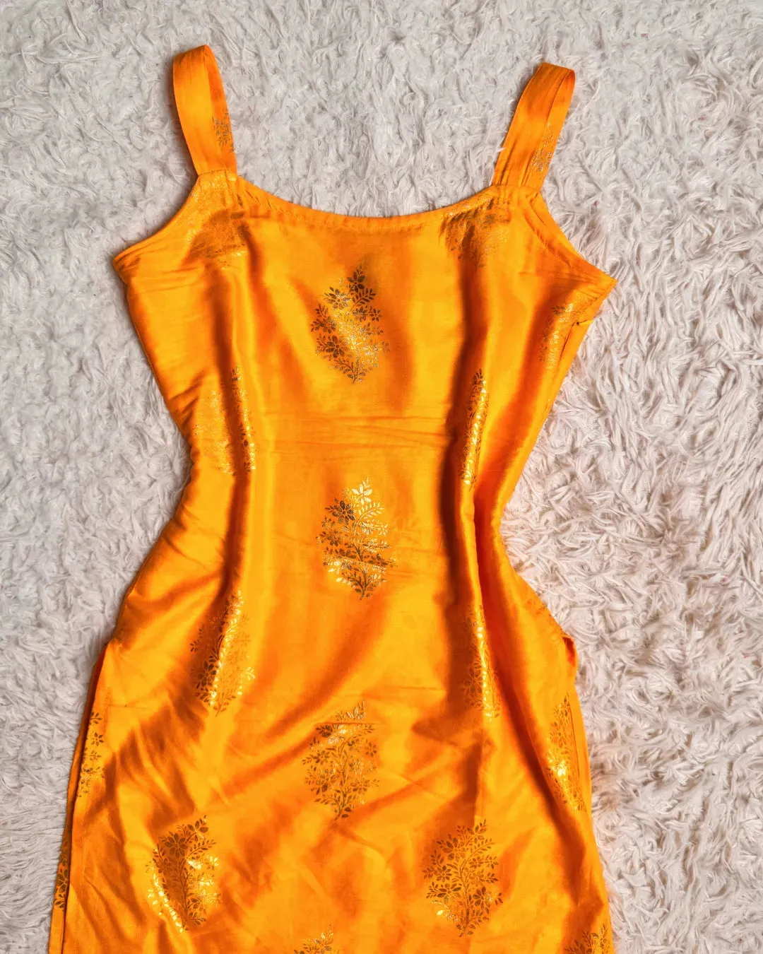 Yellow Foil-Print Cotton Sleeve-less Kurti-Top