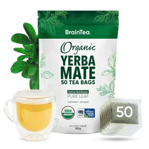Yerba Mate Tea Organic - Brain Tea Organic Yerba Mate Tea bags 50 count - Native Rainforest Sourced, Unsmoked & Air-Dried, High Caffeine Matte Tea for Detox & Focus Boost - 100g