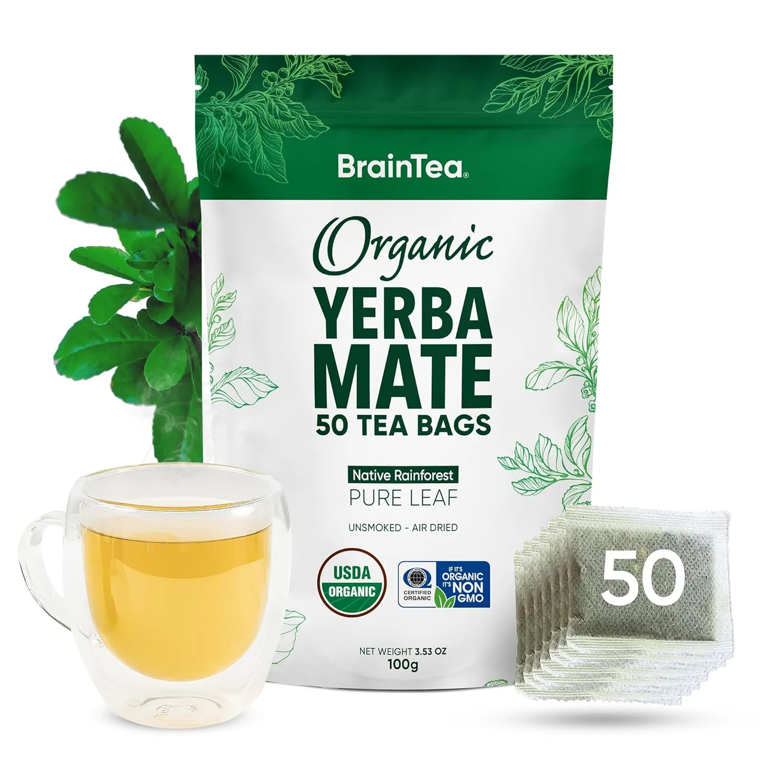Yerba Mate Tea Organic - Brain Tea Organic Yerba Mate Tea bags 50 count - Native Rainforest Sourced, Unsmoked & Air-Dried, High Caffeine Matte Tea for Detox & Focus Boost - 100g