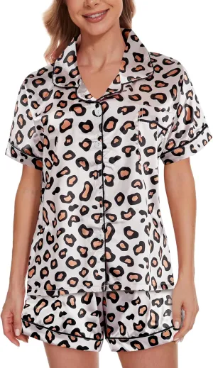 YIJIU Womens Silk Satin Pajama Sets Cute Print Short Sleeve Sleepwear Button Down Top and Shorts 2 Piece Pjs Lounge Set