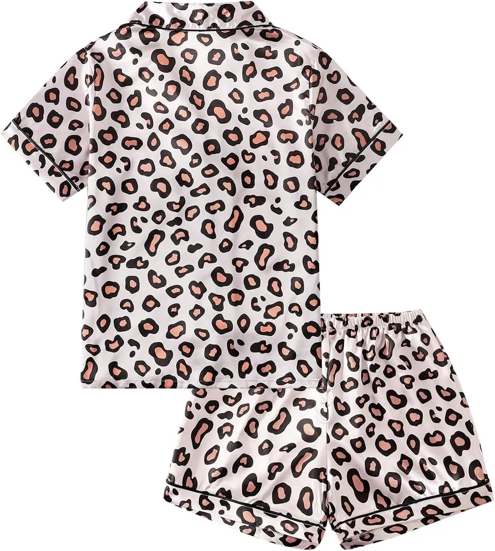 YIJIU Womens Silk Satin Pajama Sets Cute Print Short Sleeve Sleepwear Button Down Top and Shorts 2 Piece Pjs Lounge Set