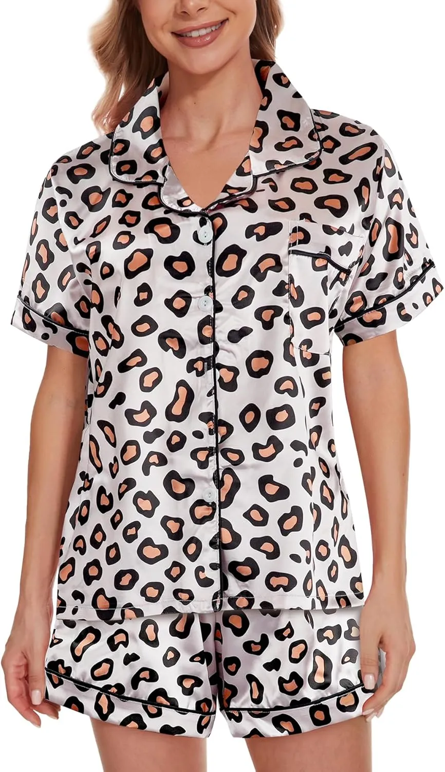 YIJIU Womens Silk Satin Pajama Sets Cute Print Short Sleeve Sleepwear Button Down Top and Shorts 2 Piece Pjs Lounge Set