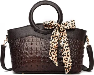 Yohora Women's Handbags Desinger Shoulder Purse Crocodile Pattern Crossbody Bag Leather Tote Purse with Leopard Scarf