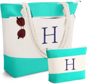 YOOLIFE Beach Bags for Women - Initial Canvas Tote Waterproof Bag with Makeup Bag Gifts for Women Mom Friend Birthday Her