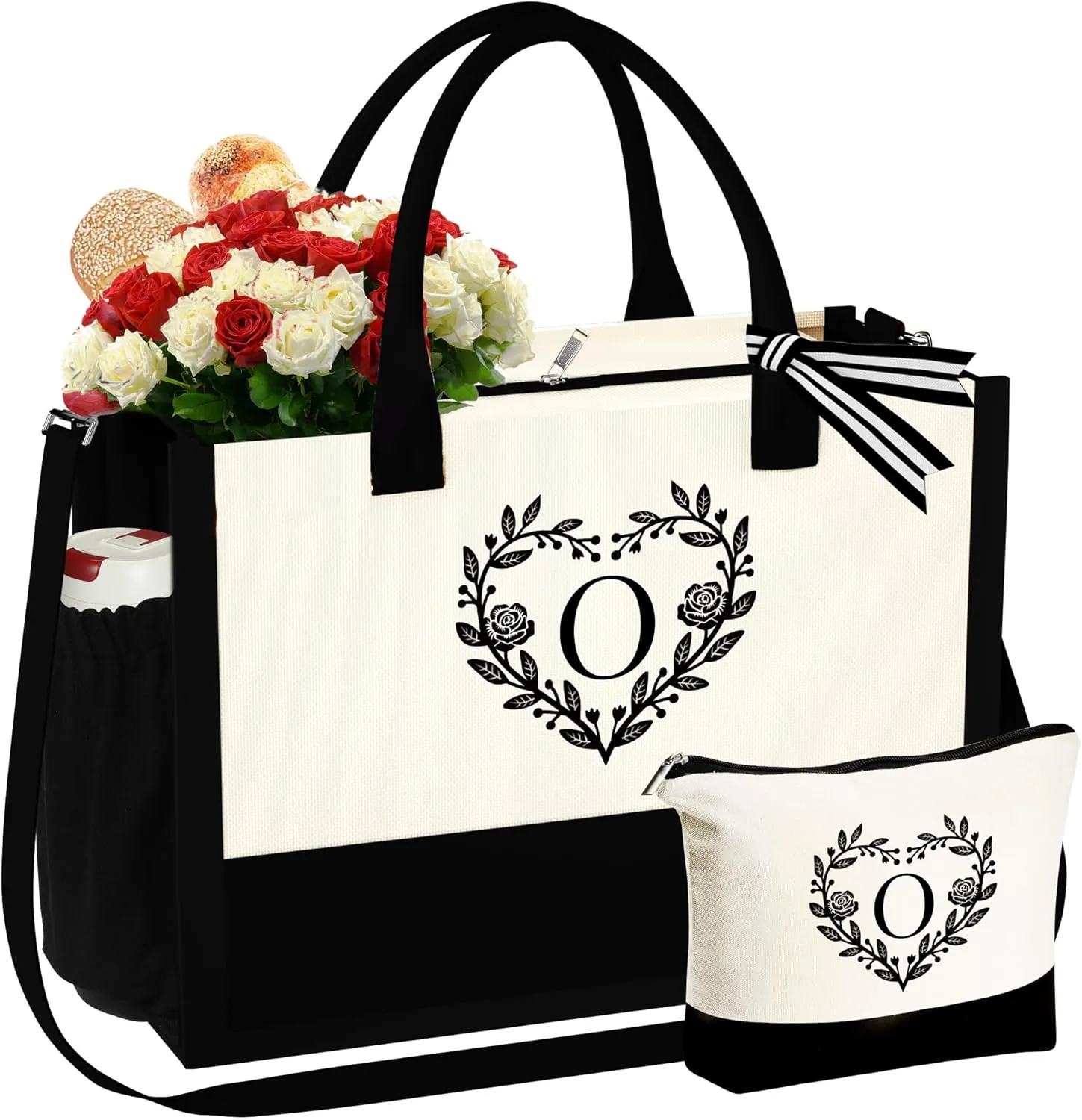 YOOLIFE Mothers Day Gifts - Initial Canvas Tote Bag Makeup Bag, Personalized Gifts for Women Mom Wife Teacher Friend Birthday