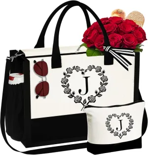 YOOLIFE Mothers Day Gifts - Initial Canvas Tote Bag Makeup Bag, Personalized Gifts for Women Mom Wife Teacher Friend Birthday