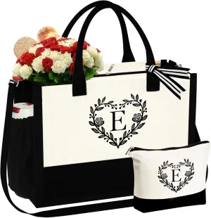YOOLIFE Mothers Day Gifts - Initial Canvas Tote Bag Makeup Bag, Personalized Gifts for Women Mom Wife Teacher Friend Birthday