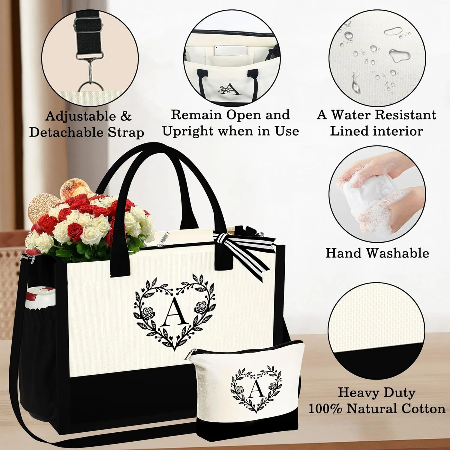 YOOLIFE Mothers Day Gifts - Initial Canvas Tote Bag Makeup Bag, Personalized Gifts for Women Mom Wife Teacher Friend Birthday