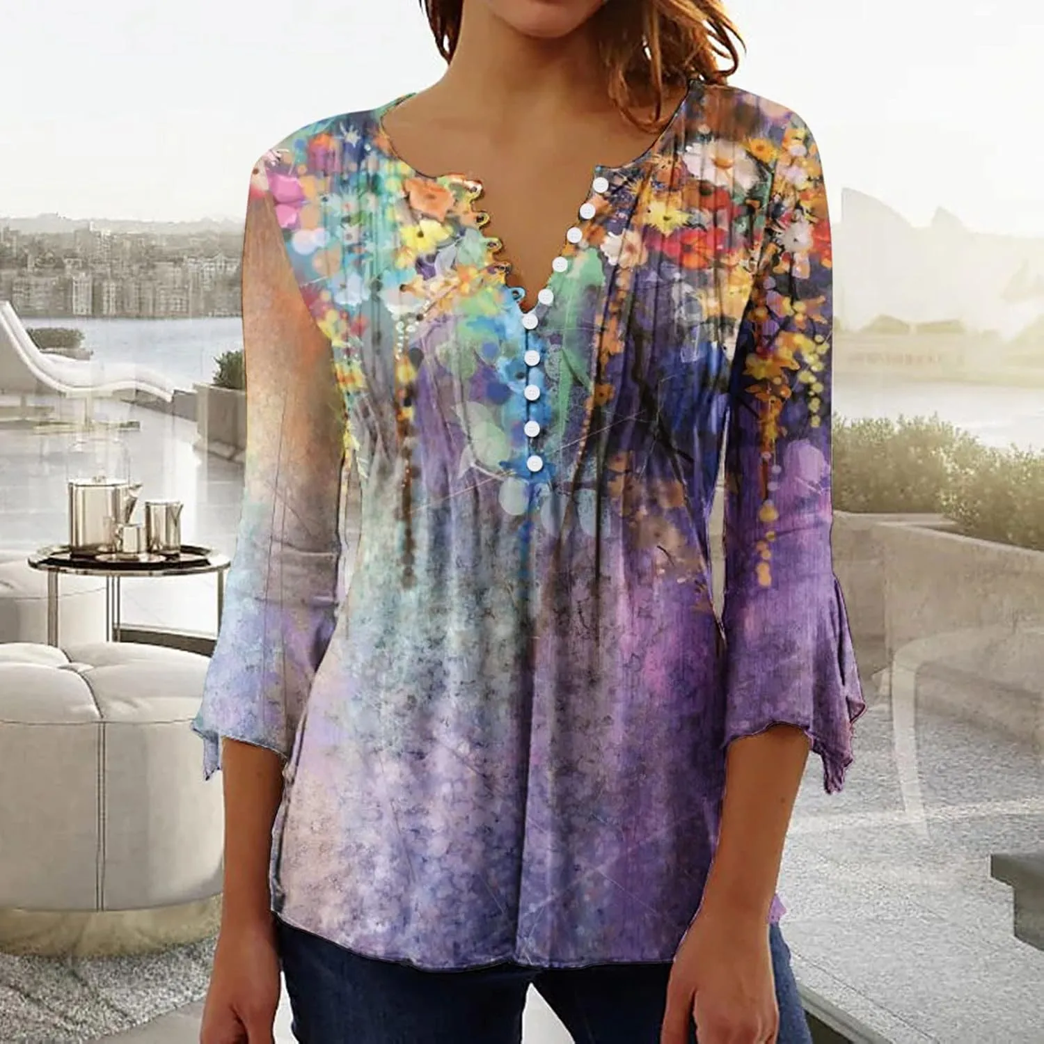 ZDRZK Tunic Tops for Women Loose Fit Dressy Casual 3/4 Bell Sleeve Button Down Henley Shirts Boho Floral Print Summer Blouses