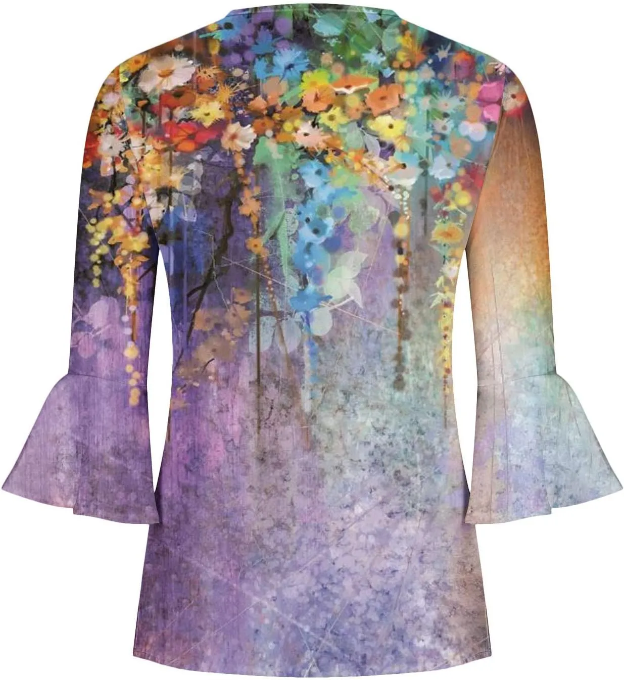 ZDRZK Tunic Tops for Women Loose Fit Dressy Casual 3/4 Bell Sleeve Button Down Henley Shirts Boho Floral Print Summer Blouses