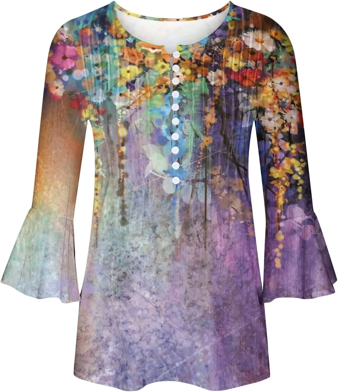 ZDRZK Tunic Tops for Women Loose Fit Dressy Casual 3/4 Bell Sleeve Button Down Henley Shirts Boho Floral Print Summer Blouses