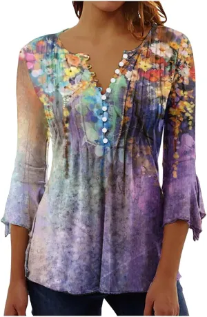 ZDRZK Tunic Tops for Women Loose Fit Dressy Casual 3/4 Bell Sleeve Button Down Henley Shirts Boho Floral Print Summer Blouses