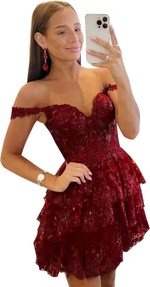 Zoghoo Sequin Lace Homecoming Dresses for Teens Tiered Short Prom Dress Off The Shoulder Cocktail Gown