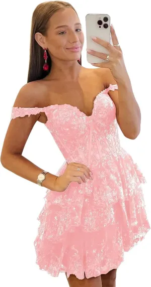 Zoghoo Sequin Lace Homecoming Dresses for Teens Tiered Short Prom Dress Off The Shoulder Cocktail Gown