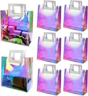 Zwish 6pcs Holographic Reusable Gift Bags Medium Size Clear Bags for Women 8.5x8.1x4.1 Inchs Clear Gift Bags for Party Gift bags with Handles Christmas Gift Bag