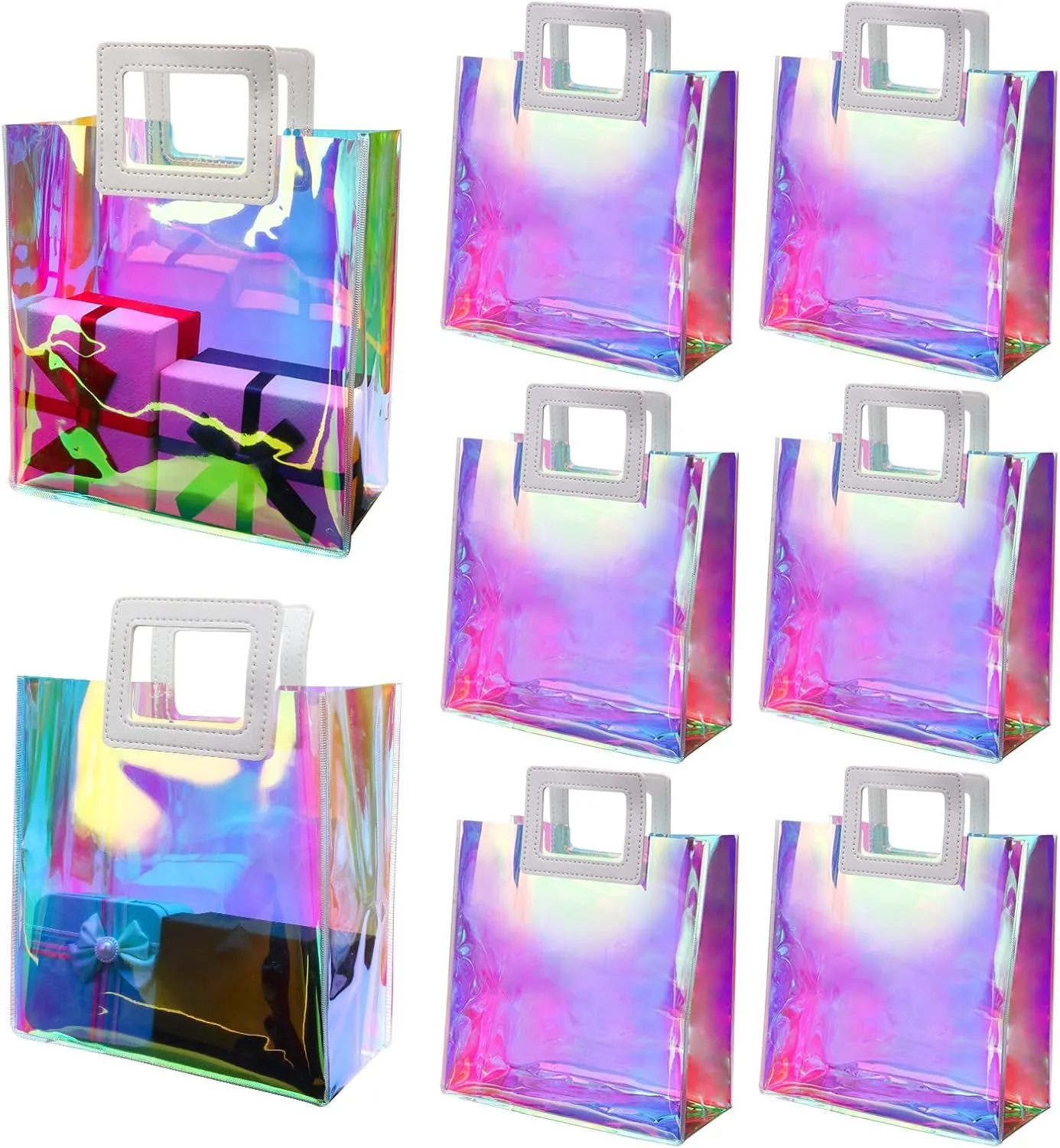 Zwish 6pcs Holographic Reusable Gift Bags Medium Size Clear Bags for Women 8.5x8.1x4.1 Inchs Clear Gift Bags for Party Gift bags with Handles Christmas Gift Bag