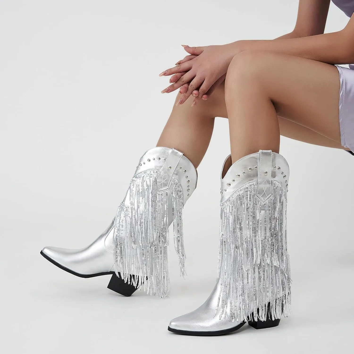 ZXHYZLZ Western Cowboy Boots for Women - Mid Calf Embroidered Cowgirl Boots, Slip On Pointed Toe Chunky Heel Fashion Retro Classic Boots