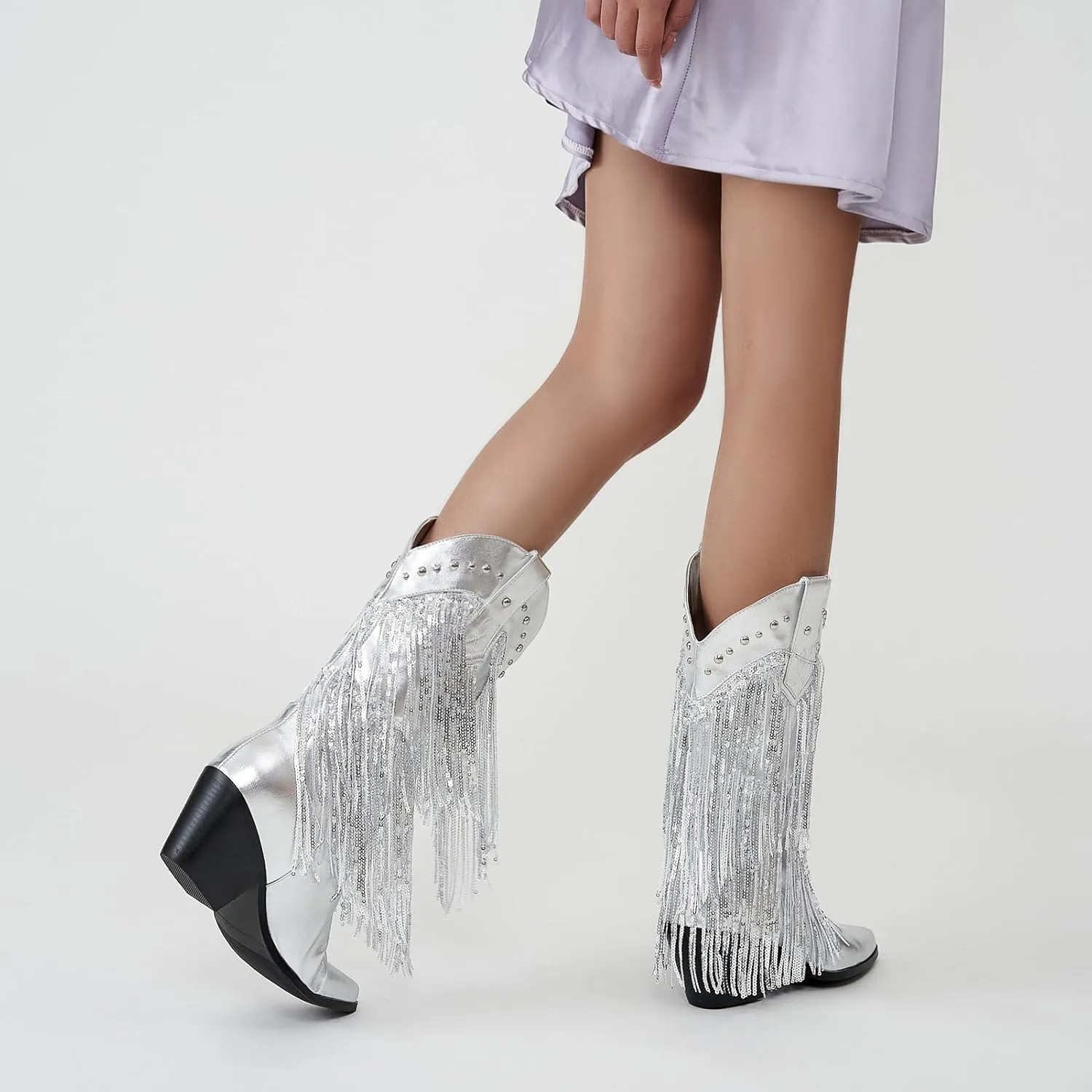ZXHYZLZ Western Cowboy Boots for Women - Mid Calf Embroidered Cowgirl Boots, Slip On Pointed Toe Chunky Heel Fashion Retro Classic Boots